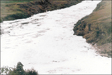 This is not snow but floating froth of sullage which outflows from SAS Nagar to the Ghaggar river.	 Tribune photo by Karam Singh