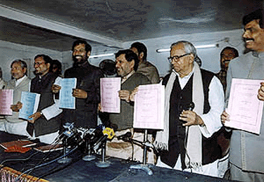 The common manifesto of the NDA released by NDA leaders Nitish Kumar (Samata), Ram Vilas Paswan (JD-U), Sushil Kumar Modi and Kailash Pati Mishra (BJP), Sharad Yadav (JD-U), Anand Mohan (BPP) and others at the BJP head office in Patna on Tuesday