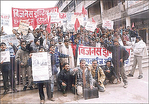 Members of the Business India Group Employees Union protest in support of their demands in Chandigarh on Thursday.  A Tribune photograph