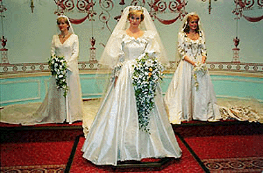 The wax work models of Royal brides , from left, the Countess of Wessex, Diana, Princess of Wales, and Duchess of York, on show on Wednesday at London's Madame Tussaud's museum. Visitors to the museum will have a unique chance to see the spectacular royal wedding gowns in a special replica display created by the original designers at the time of the Royal Wedding.  