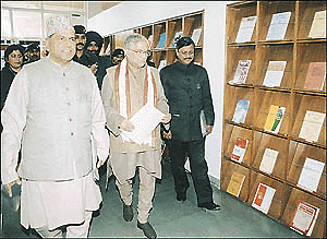 Escorted by Dr Rashpal Malhotra, CRRID, and Mr Satya Pal Jain, a former member of Parliament, the Human Resource Development Minister, Dr Murli Manohar Joshi, on a round of the CRRID in Sector 19, Chandigarh, on Friday.                                               		     Tribune photo by Pankaj Sharma
