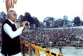 Union Home Minister Lal Krishna Advani addressing an election meeting at Hajipur Court Ground on Sunday, in favour of BJP candidate Nrityanand Roy