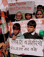 Activists of SC/ST and OBC youth forum of Indian National Congress, demonstrating against "Government's Communal and Fascist Agenda", in New Delhi on Monday