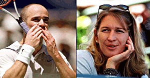 American Tennis Ace Andre Agassi (left) blows a kiss on the direction of his girlfriend, Steffi Graf (right) who watches his victory at the Australian Open Tennis Championships in Melbourne. Agassi ande Steffi plan to marry in June