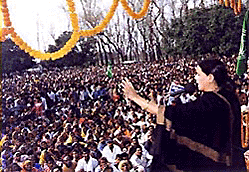 Bihar Chief Minister Rabri Devi addressing an election meeting in Rajbir on Tuesday.