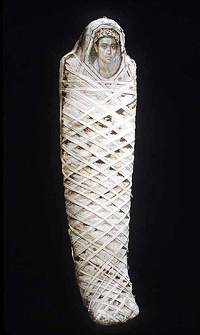 A mummy with an inserted panel of a youth, dating back to about 90 A.D