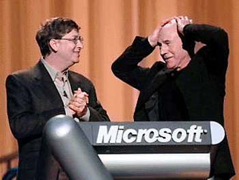 Microsoft Corp. Chairman and Chief Software Architect Bill Gates, left, and actor Patrick Stewart, right, announce the launch of Windows 2000 in San Francisco on Thursday.