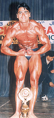 Ranjit, who won the Junior Mr Chandigarh title strikes a pose at the Ninth Junior Mr Chandigarh Body Building Championship held in DAV College, Sector 10, Chandigarh, on Monday. 