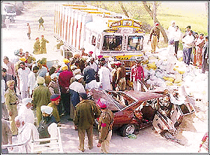 The remains of the car which smashed against a truck near Jassibaghwali in Bathinda district on Wednesday. Eight occupants of the car died. Photo by Kulbir Beera. 