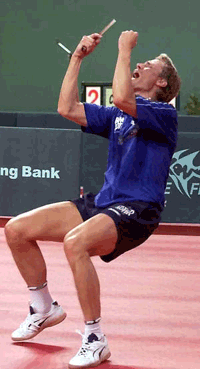 Jorgen Persson of Sweden reacts after he beat Liu Guo Liang of China during men's final in the Dawei 2000 World Team Table Tennis Championships in Kuala Lumpur on Saturday