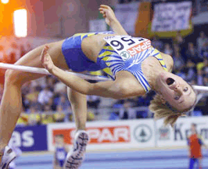 Sweden's Kajsa Berqvist in action to win the gold medal in the high jump at the European Indoor Athletic Championships in Gent on Saturday