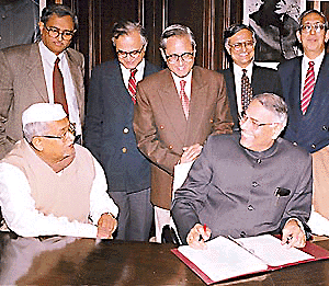 The Union Finance Minister Yashwant Sinha with his Minister of State, Mr B. V Patil, and other ministry official during a photo session in New Delhi on Monday. The Finance Minister will present the Union Budget before the Parliament on Tuesday.