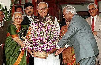 President K. R. Narayanan greets Vice-President Krishan Kant on his 74th birthday at his residence in New Delhi on Monday
