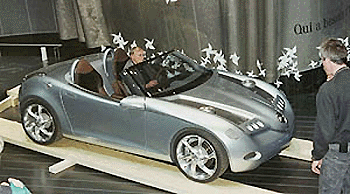  GENEVA : The new Mercedes " Vision SLA" goes for a ride at the 70th Geneva International Motor Show during the preparation days at Geneva, Switzerland, on Monday. The exhibition is open from Thursday March 2, to March 12, 2000. AP/PTI