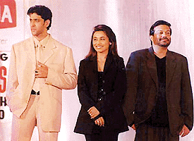 Bollywood stars Hritik Roshan, Rani Mukherjee and Sunil Alagh, judges at the Gladrags Megamodel Manhunt Contest held at the Turf Club in Mumbai on Saturday night