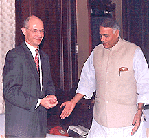 The Finance Minister Yashwant Sinha with Pascal Larry, Trade Commissioner of the European Commission in New Delhi on Monday.