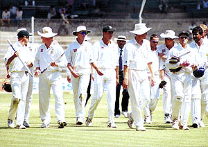 The victorious South African cricket team returning to the pavillion after winning the second test against India in Bangalore on Monday