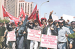 Bank employees from all over the country demonstrating in New Delhi on Wednesday protesting against privatisation of the nationalised banks and for action against the loan defaulters.