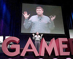   SAN JOSE, USA : Microsoft Corp. chairman Bill Gates gestures at the Games Developers Conference 2000 in San Jose, California on Friday.  Microsoft is setting up a battle of the gaming giants as it takes the wraps off an entertainment console code-named "X-Box" in a bid for a larger chunk of the $11 billion video gaming industry. AP/PTI
