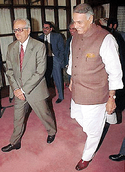 Finance Minister Yashwant Sinha and RBI Governor Vimal Jalan arriving to attend the post-Budget meeting of the Board of Directors of the Reserve Bank of India, in New Delhi on Saturday.  PTI