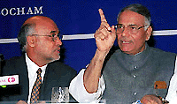 Finance Minister Yashwant Sinha with the Assocham President, at a post Budget meeting in New Delhi on Wednesday. 