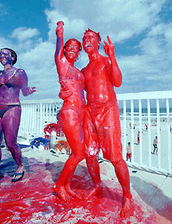    DAYTONA BEACH, USA : Bucknell University students Jessica Jackley, 22, left, Danielle Feriori, 22 , center, and Landon Sulkk, 22, right, react to cheers from the crowd during a spring break body painting contest in Daytona Beach, Fla. AP/PTI
