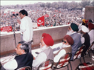 Mr Joginder Dayal, Secretary of the Punjab unit of the CPI, addresses farmers of the state who held a rally in support of their demands in Chandigarh on Thursday