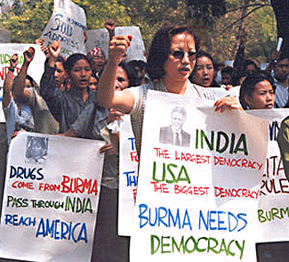 Myanmarese students demonstrate outside the US Embassy in New Delhi on Saturday to draw the attention of President Bill Clinton and Prime Minister Atal Behari Vajpayee to the dictatorial rule in Myanmar for the past 12 years
