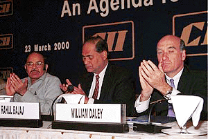 Union Commerce and Industry Minister Murasoli Maran, US Secretary of Commerce William Daley and CII President Rahul Bajaj at the CII conference on "Indo-US Trade and Investment  an agenda for action," in New Delhi on Thursday.