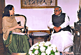 Congress President Sonia Gandhi meets Prime Minister Atal Behari Vajpayee in New Delhi on Friday in connection with the recent killings of 35 Sikhs by Kashmiri militants.	Report on page 20