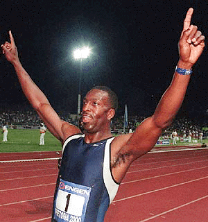  PRETORIA : U. S. athlete Michael Johnson jubilates after setting a new world record of 30.85 seconds in the 300 meter sprint in Pretoria, South Africa on Friday. AP/PTI