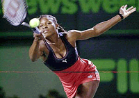 Serena Williams of Palm Beach Gardens, Fla., reaches out to return a serve from Magdalena Maleeva of Bulgaria on Saturday, during the Ericsson Open at Key Biscayne, Fla. 