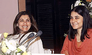 Film star Dimple Kapadia with Maneka Gandhi, Union Minister and Chairperson of People for Animals, talking to mediapersons after launching "Candle in the Dark", in New Delhi on Monday