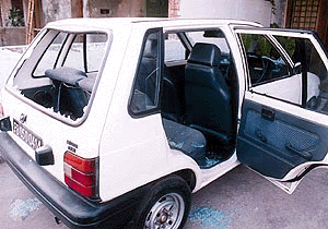 The damaged car of Lieut-Col JS Brar (retd), at Modern Housing Complex in Mani Majra. A Tribune photograph