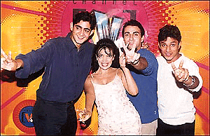 Channel V VJ Yudhishthir (extreme right) posing during a promotional tour in the city on Sunday.