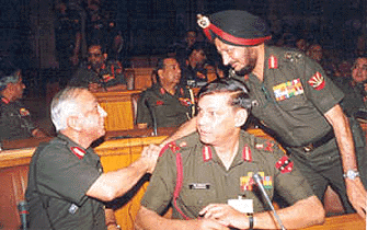 Top Generals exchange pleasantries during the Army Commanders conference in New Delhi on Monday. The conference was addressed by the Chief of Army Staff, Gen V.P. Malik (not in picture)