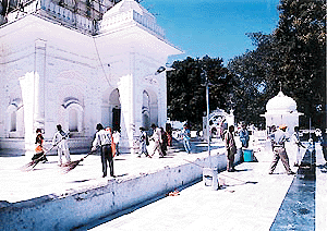 Clean-up operations in progress at the parvachan sthal at the Mata Mansa Devi shrine on the eve of Navratra mela.  A Tribune photograph