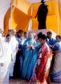 Congress president Sonia Gandhi after unveiling the statue of Indira Gandhi at Indira Gandhi Memorial Park in Rae Bareli on Saturday