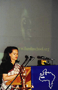 Congress president Sonia Gandhi launching the website of the education guarantee scheme schools of Madhya Pradesh in New Delhi on Tuesday.  PTI photo