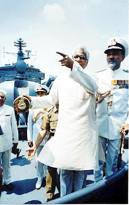 Defence Minister George Fernandes and chief of Naval Staff Sushil Kumar at the commissioning of Indian Naval ship Brahmaputra at Netaji Subhas Dock in Calcutta on Friday