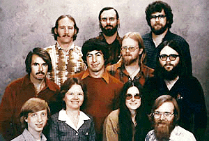 This is a 1978 photo of the 11 persons who started Microsoft Corp., made in Albuquerque, N.M., just prior to moving the company to the Seattle area. Shown, top row from left, are: Steve Wood, Bob Wallace and Jim Lane; second row, Bob O'Rear, Bob Greenberg, March McDonald and Gordon Letwin; and front row, Bill Gates, Andrea Lewis, Marla Wood and Paul Allen.  AP/PTI