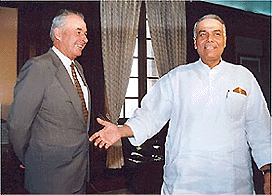 The Union Finance Minister Yashwant Sinha with the Secretary General of Commonwealth Don Mc Kinnon in New Delhi on Wednesday