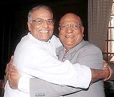 Union Finance MinisterYashwant Sinha gives a friendly hug to NRI industrialist Lord Swraj Paul at his office in New Delhi on Thursday.