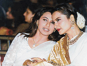 Rani Mukherjee shares a moment with Rekha at Lata Mangeshkars live concert Shradhanjali at the Andheri Sports Complex in Mumbai on Sunday night. 