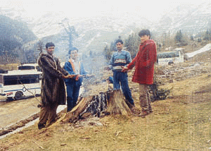 Tourists surround a fire of deodar stumps