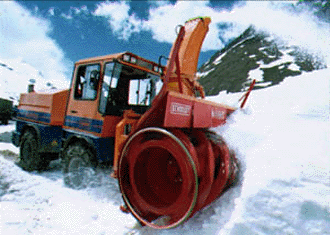 Imported snow blower clearing up the snow at the 3529 metre high Zojila pass on Srinagar-Leh national highway for normal traffic on Friday
