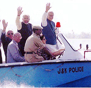 Home Minister L.K. Advani with Jammu and Kashmir Chief Minister Dr Farooq Abdullah and BJP MP Narender Modi on a boat at Dal Lake in Srinagar on Sunday