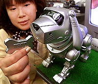 Japanese toy maker Dreams Come True employee Sachie Kawaguchi displays an American made robot dog 'Tekno' which barks for a bone by use of an optical sensor, during a press preview at the company's headquarters in Tokyo on Friday. 