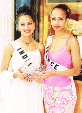Miss India Lara Dutta (left) and Miss France Sonia Rolland pose with the Miss Universe crown in Nicosia on Thursday. The Miss Universe 2000 title will be decided on Saturday. The winner of the title gets to keep the crown, made of Austrian crystal