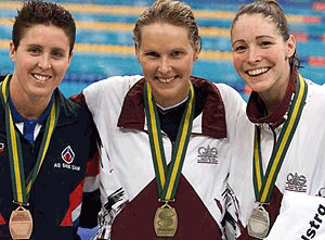 Medal winners from the Women's 200m Freestyle final (L to R) Petria Thomas, Susan O'Neill and Giaan Rooney pose for photographers at the Australian Olympic Selection Swimming Trials in Sydney on Tuesday